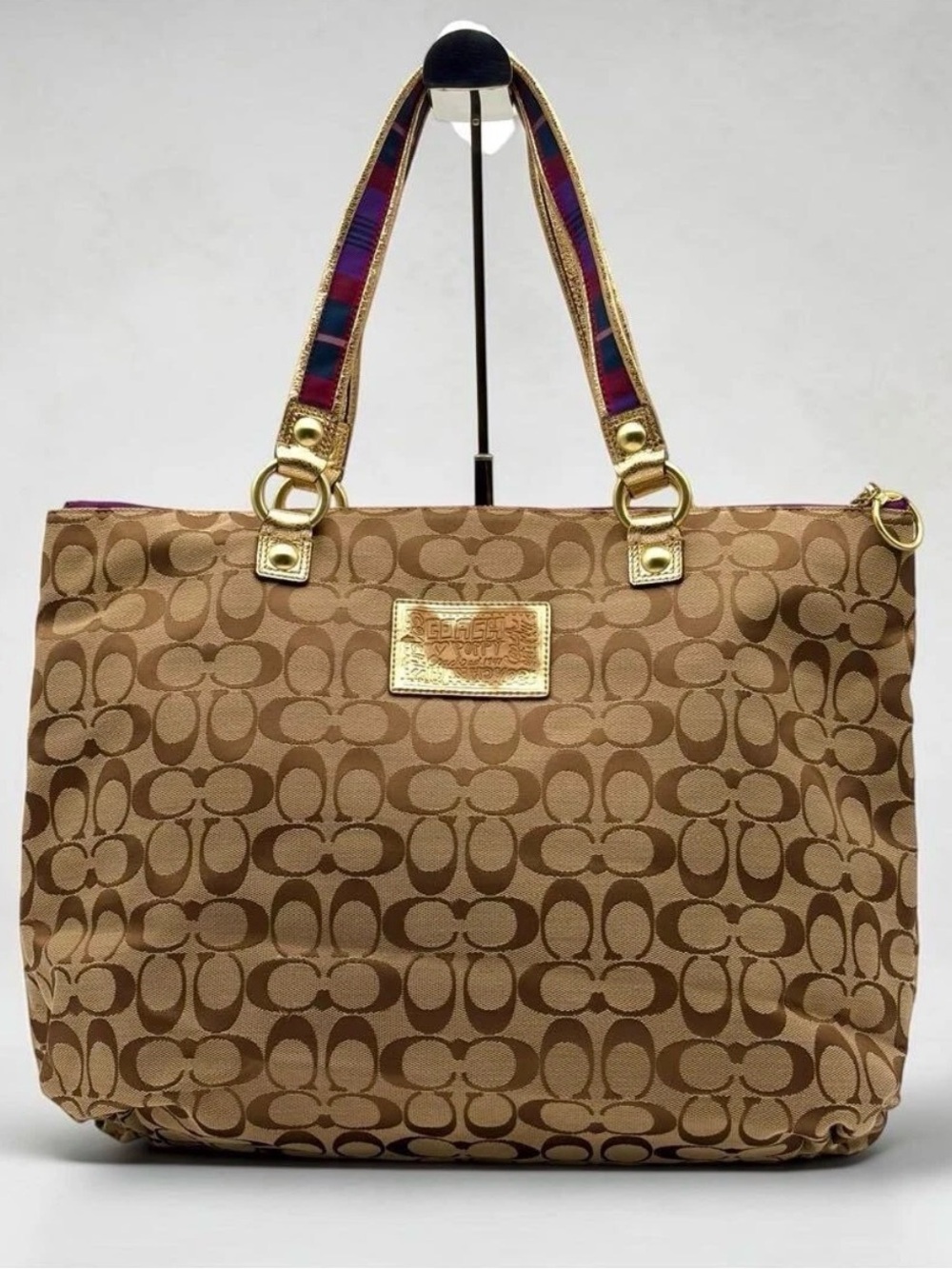 Coach Poppy Tartan Plaid Appliqué Glam Tote - Picture 2 of 16